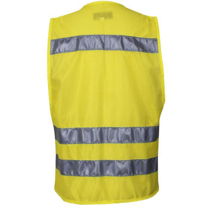 Yellow safety vest with reflective stripes on a white background