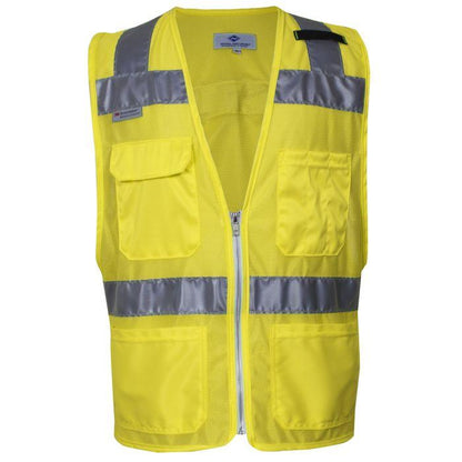 Yellow safety vest with reflective stripes on a white background