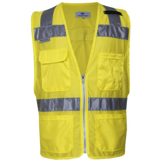 Yellow safety vest with reflective stripes on a white background