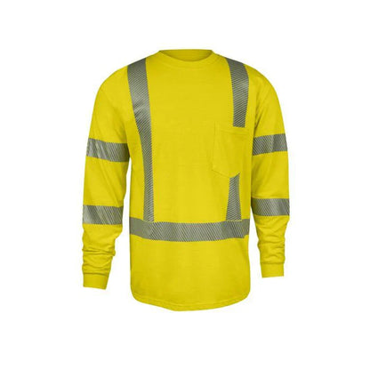 Yellow long-sleeve shirt with reflective stripes on a white background