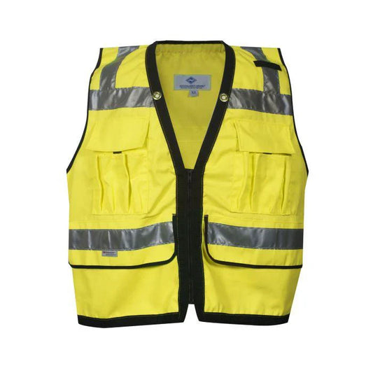 Yellow safety vest with reflective stripes on a white background