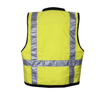 Yellow safety vest with reflective stripes on a white background