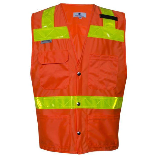 Orange safety vest with reflective yellow stripes on a white background