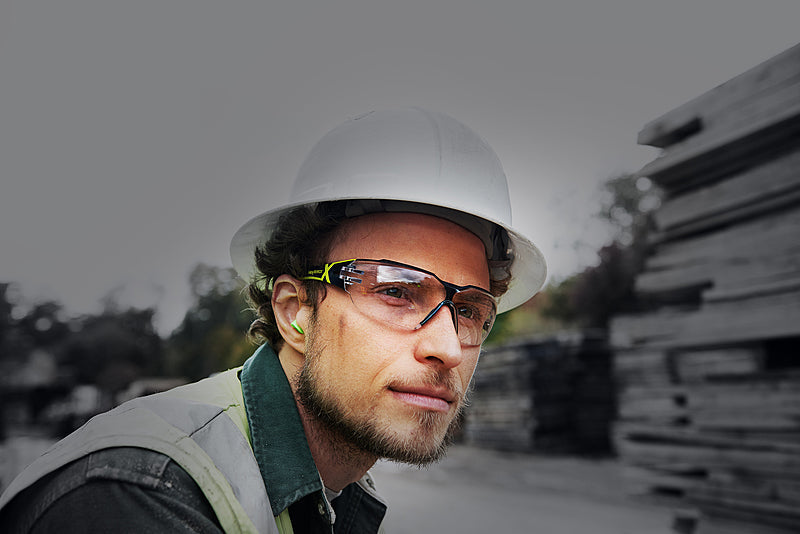 A person wearing HexArmor MX300 Safety Glasses