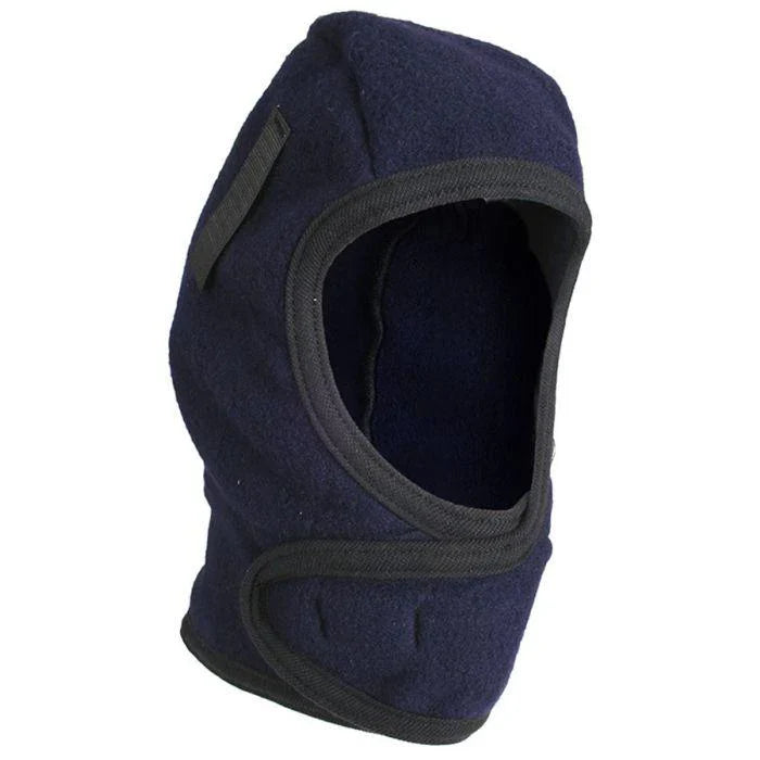 Navy blue balaclava with black straps on a white background