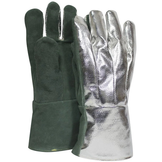 Pair of green leather gloves with metallic silver lining on a white background