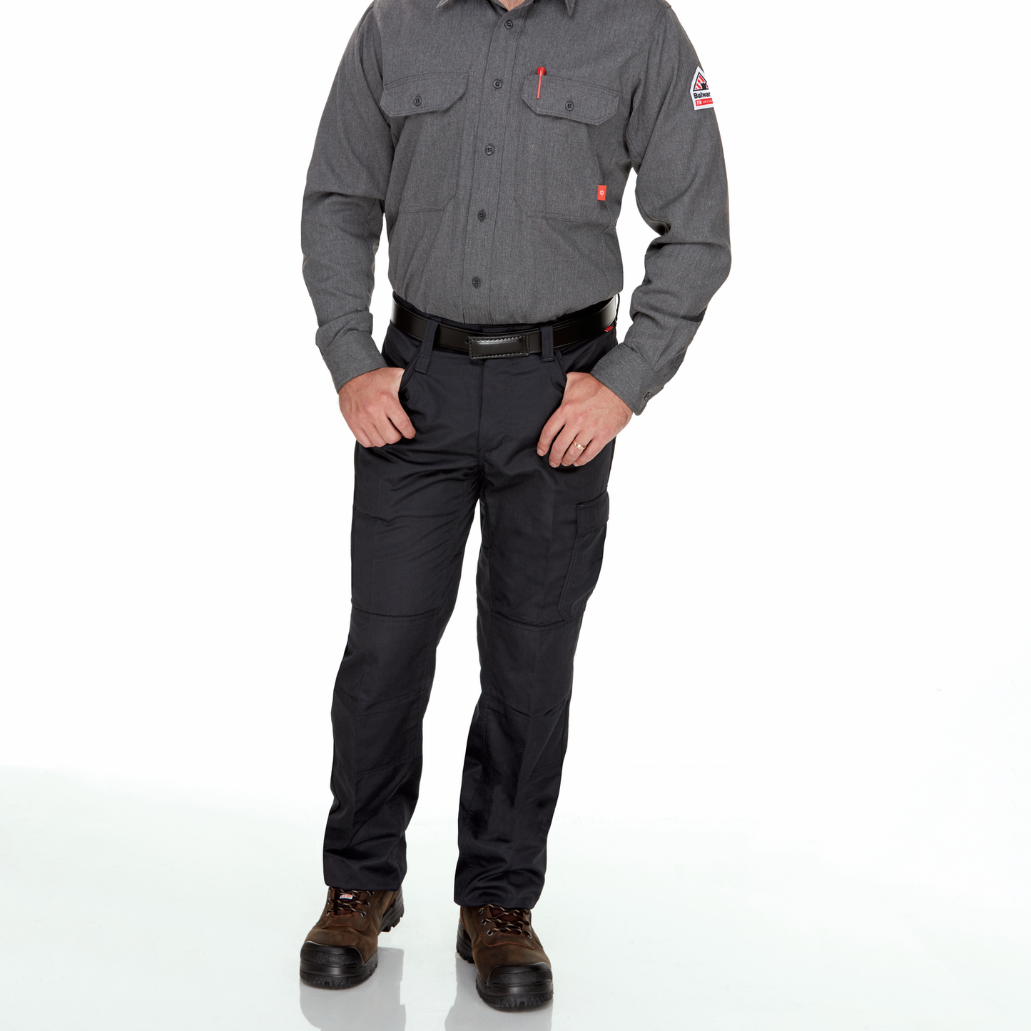 A standing man wearing Bulwark FR Work Shirt in grey