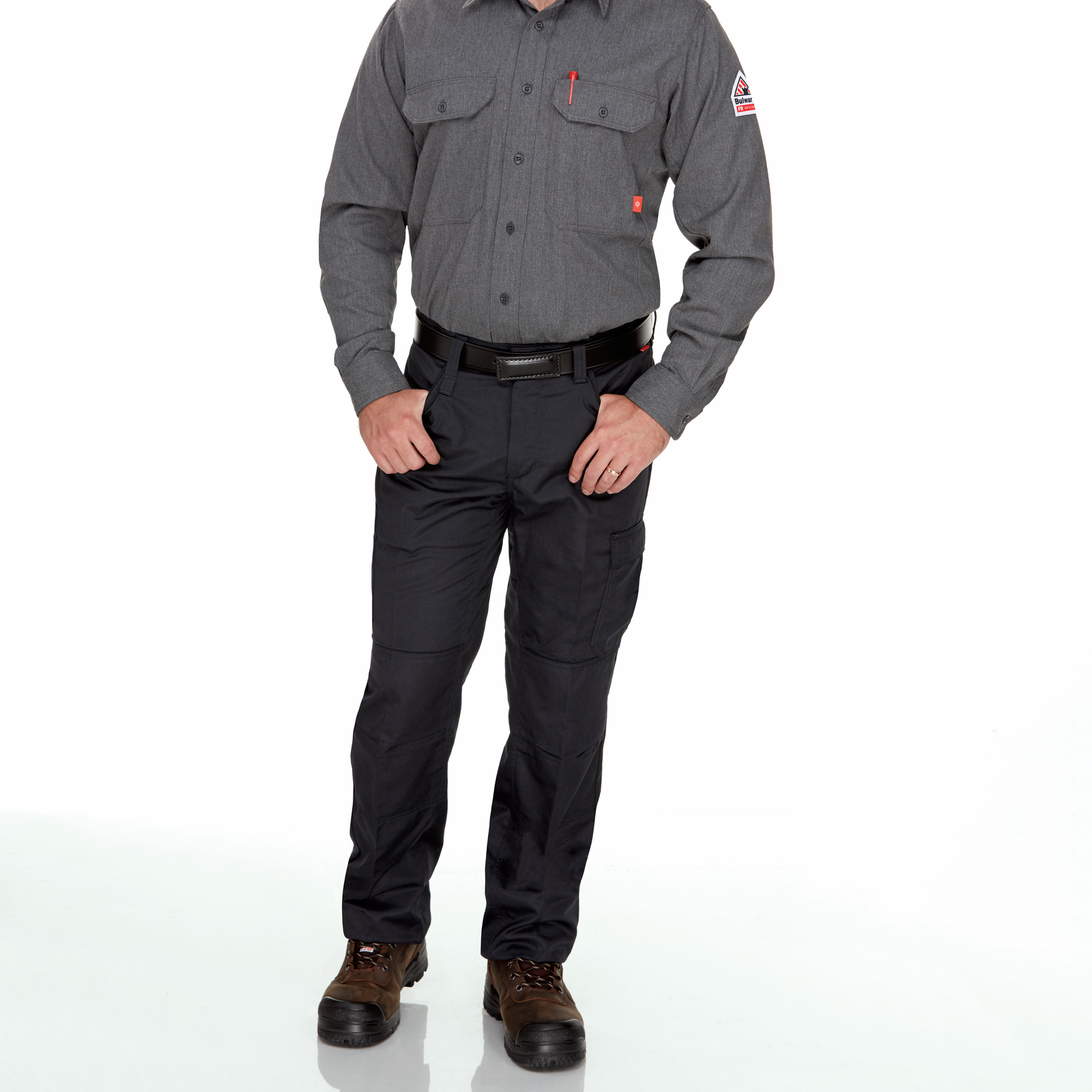 A standing man wearing Bulwark FR Work Shirt in grey