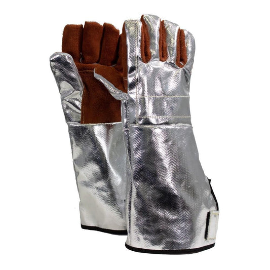 Pair of silver insulated gloves with brown leather accents on a white background