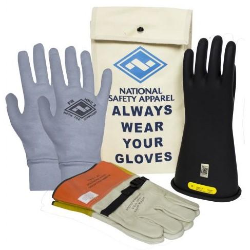 Collection of gloves with a National Safety Apparel bag in the background