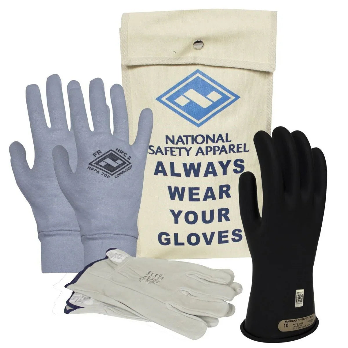 Set of gloves including gray, black, and white pairs with a National Safety Apparel bag.