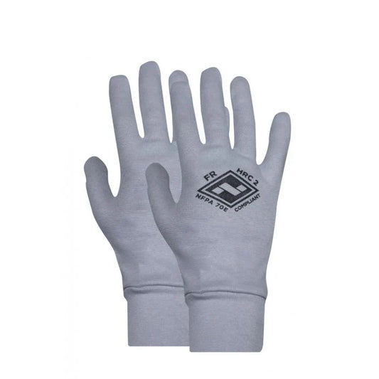 Pair of gray gloves with a logo on a white background
