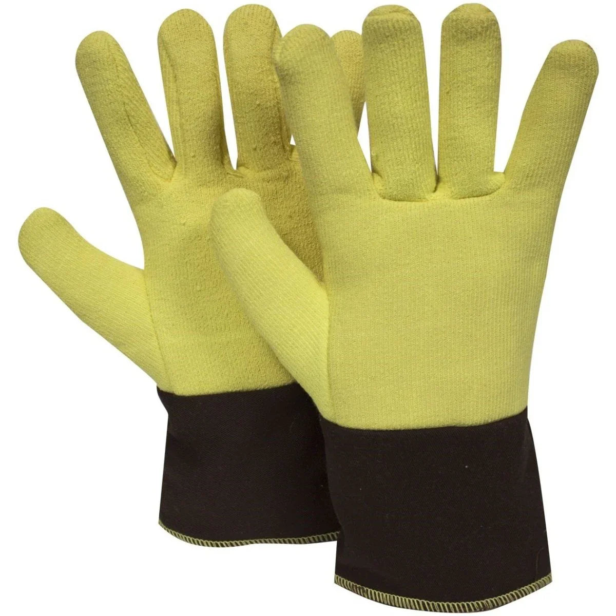 Pair of yellow gloves with black cuffs on a white background