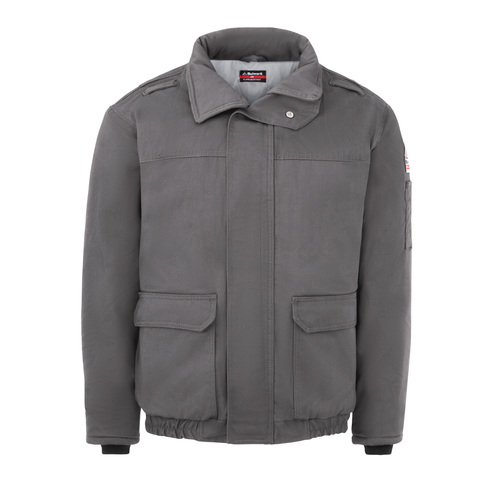 Front view of grey  Bulwark FR Bomber Jacket