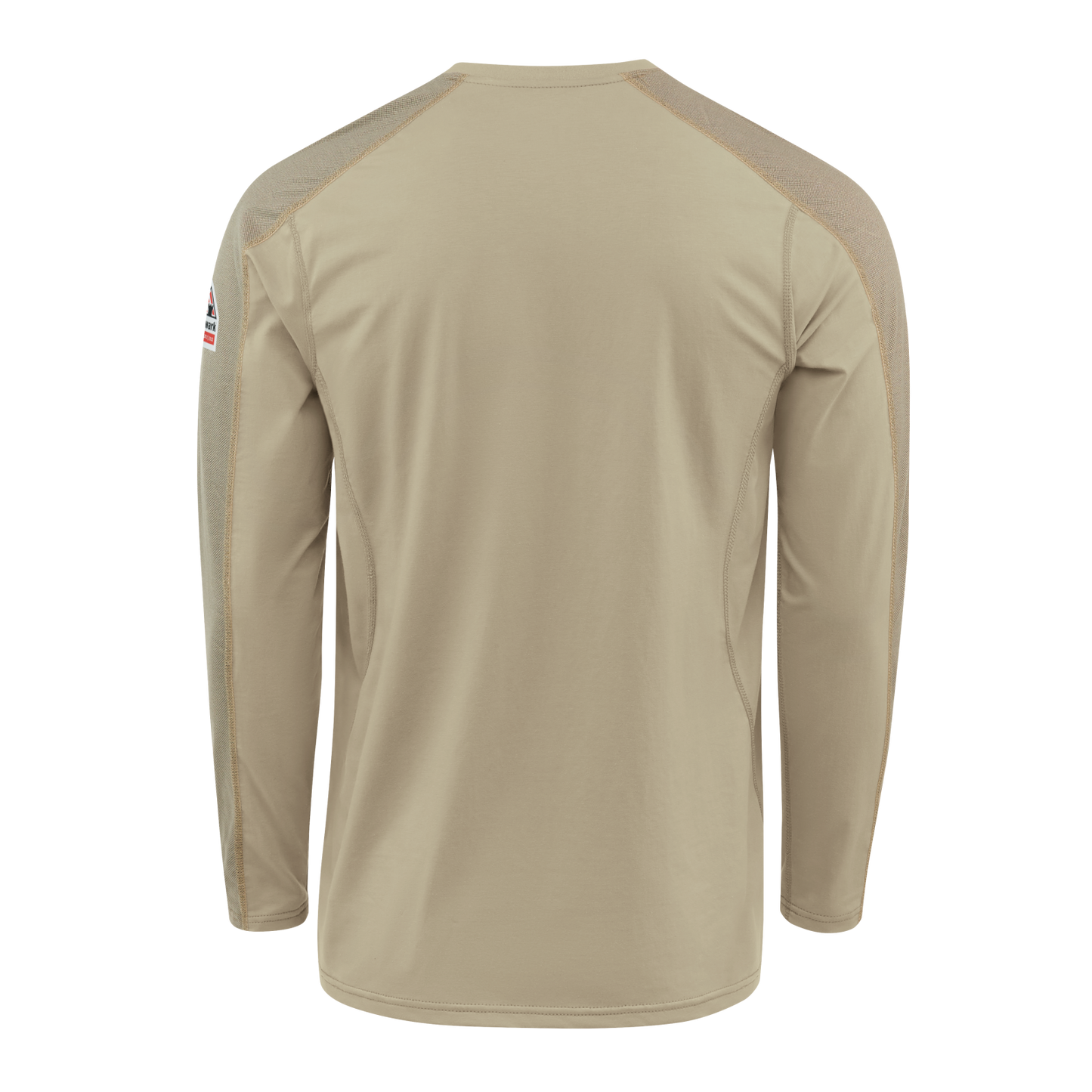 Back view of khaki Bulwark Men’s FR Flex Knit Henley