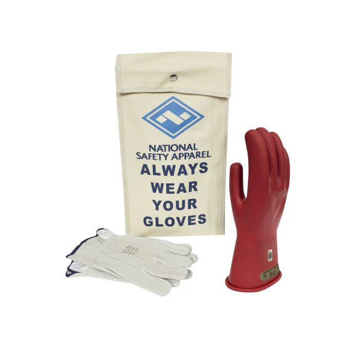 Red gloves and a white bag with text on a white background