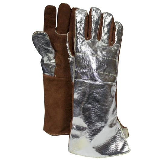 Pair of gloves with brown leather and silver metallic lining on a white background