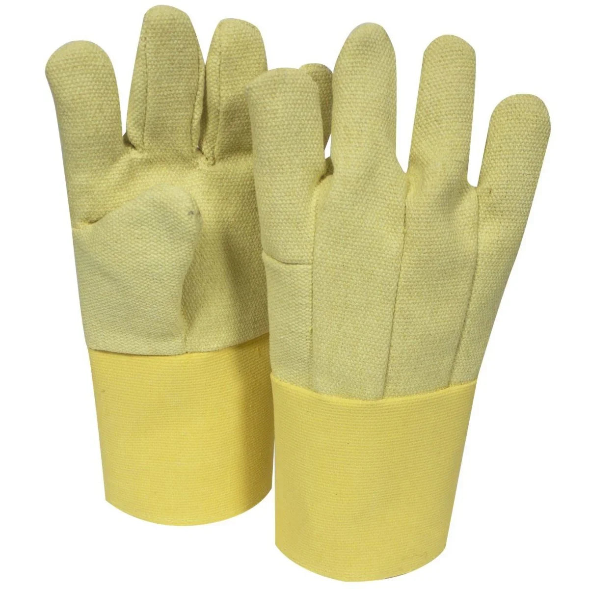 Pair of yellow gloves with textured palm on a white background