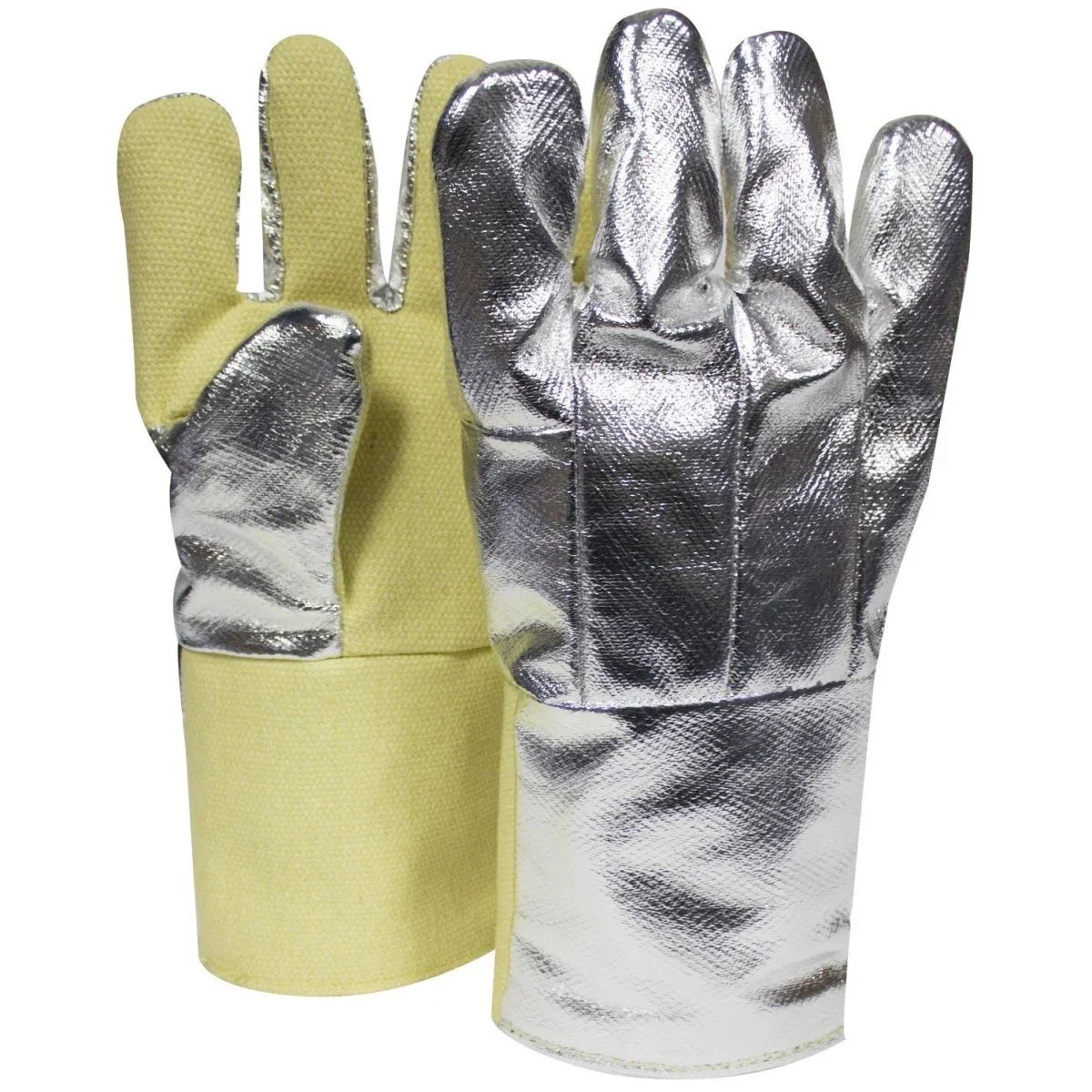 Pair of gloves with silver insulated palm and yellow cuffs on a white background