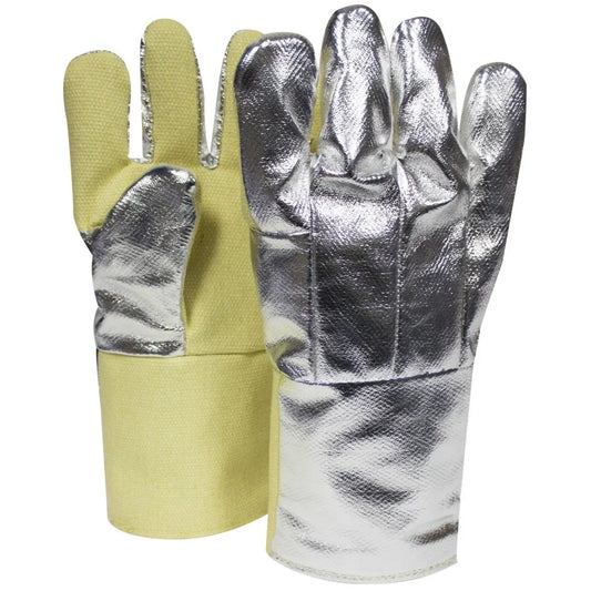 Pair of gloves with silver insulated palm and yellow cuffs on a white background