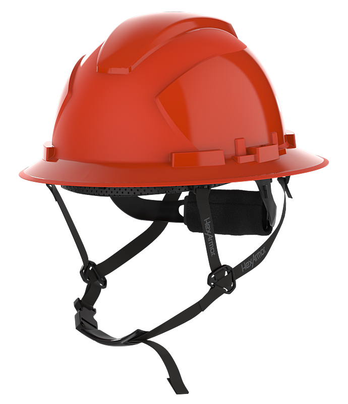 HexArmor Full Brim Safety Helmet show casing chin strap in orangish red color