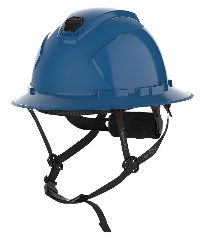 HexArmor blue full brim safety helmet with chin strap visible