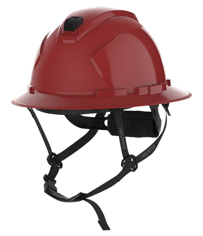 HexArmor maroon full brim safety helmet with chin strap visible