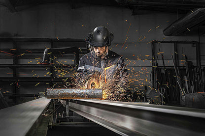 Man performing task wearing HexArmor TruSpan Face Shield on safety helmet