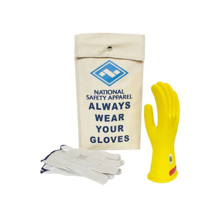 Yellow glove, white gloves, and a beige bag with safety message on a white background