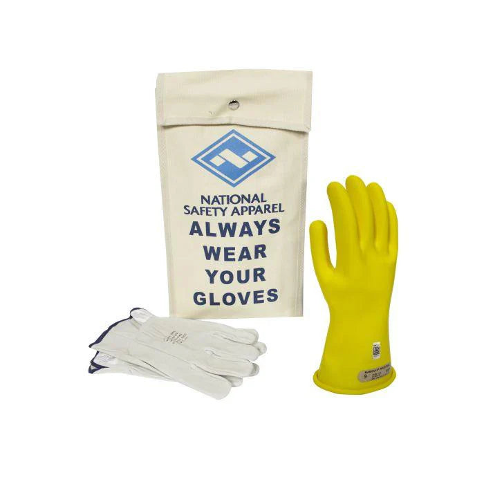 Yellow gloves and a white bag with text on a white background
