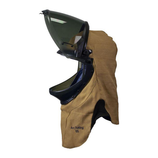 Arc Flash Hood - 65 Cal - Lift Front, Faceshield, Flash Light with Mounting Clip, Slotted Adapter and Hard Hat