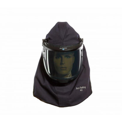 Arc Flash Lift Front Hood with Faceshield, Flash Light with Mounting Clip, Slotted Adapter and Hard Hat