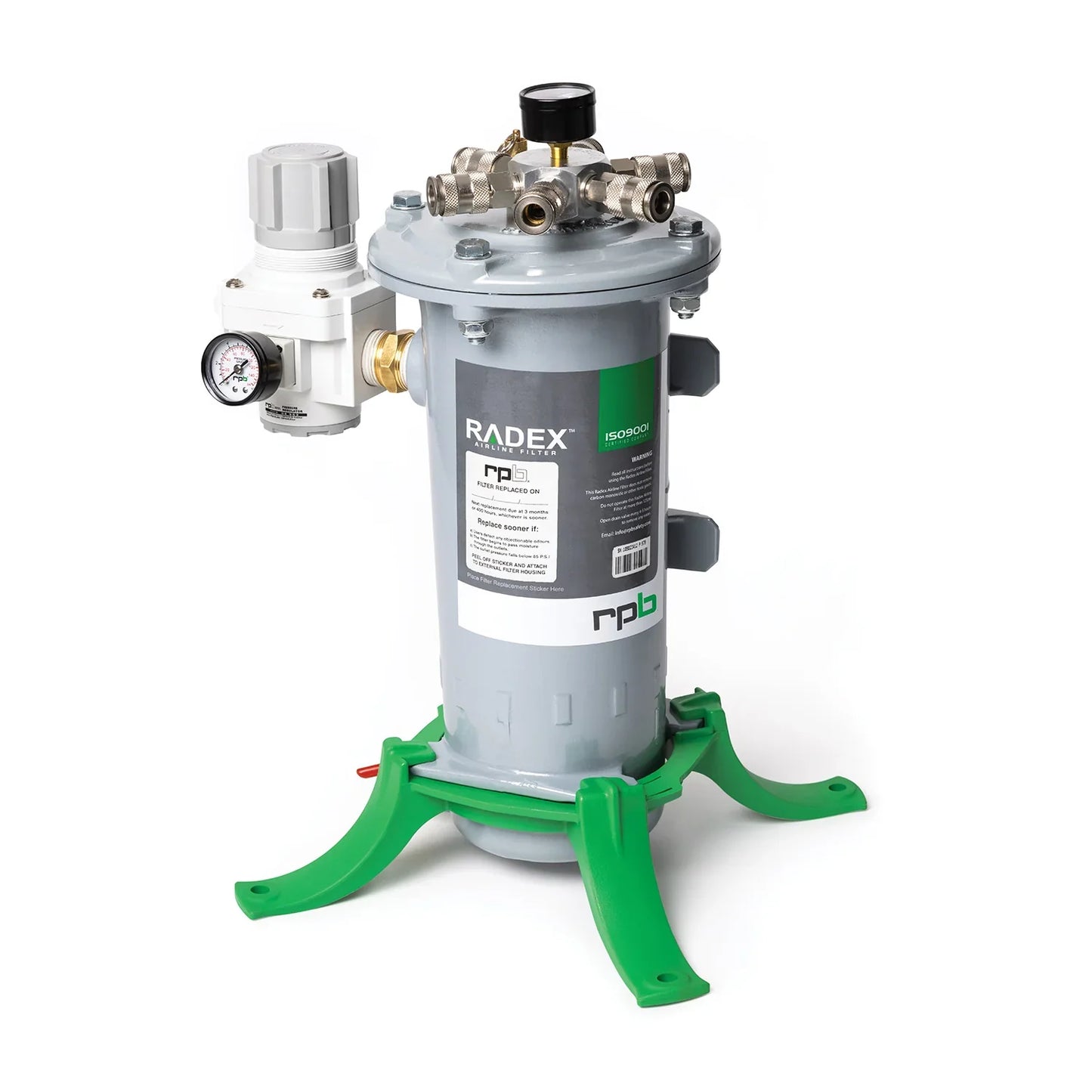 RADEX filter with green stand on a white background