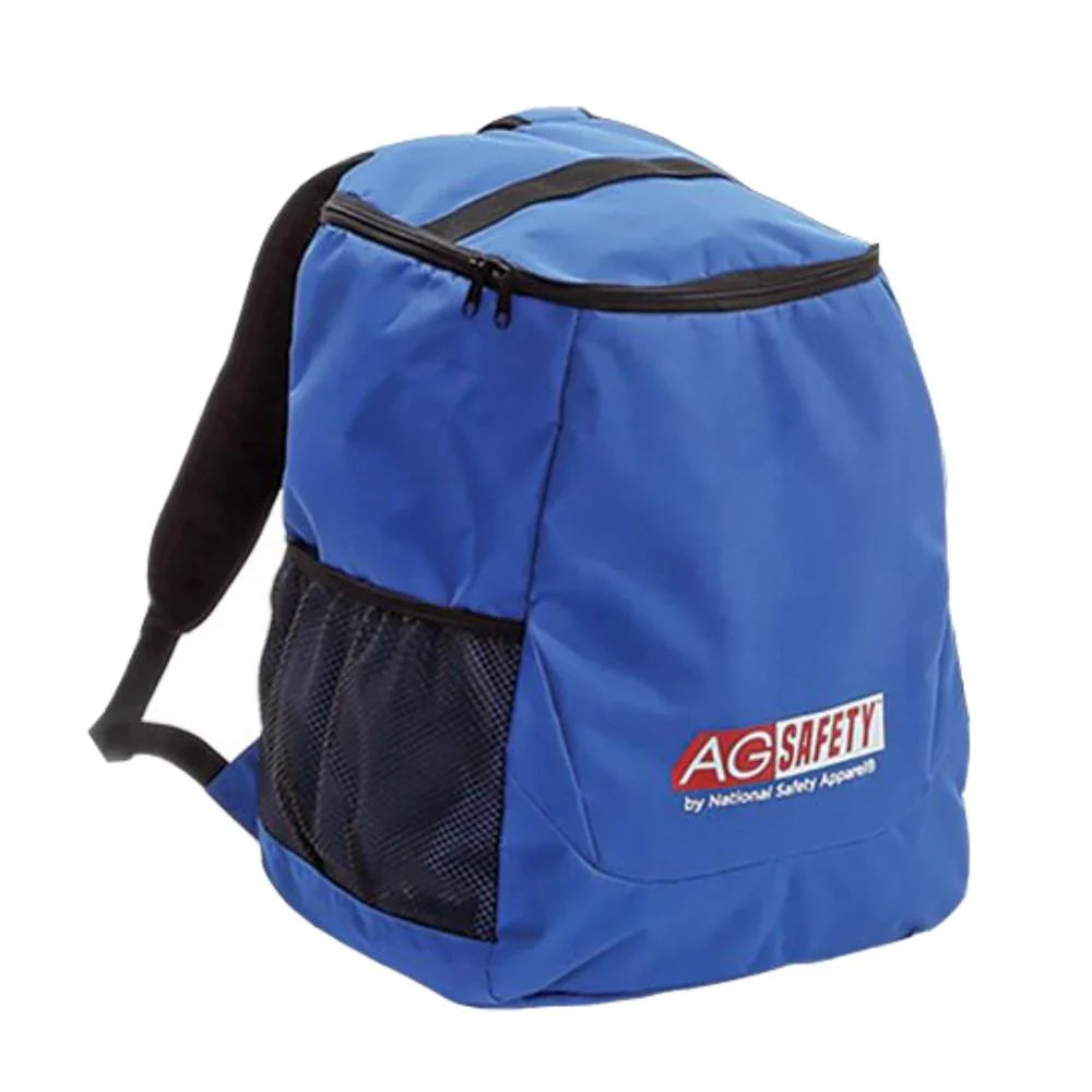 Blue backpack with black mesh side pocket and AG Safety logo on a white background