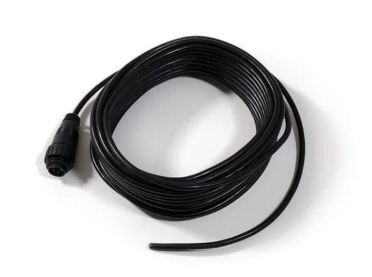 Coiled black cable with a plug on a white background