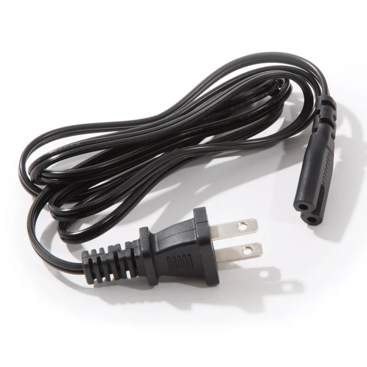Black power cord with plug on a white background