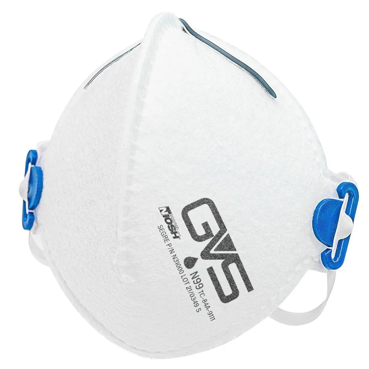 White N99 mask with blue straps on a white background