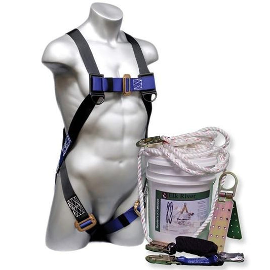 Fall Safety in a Bucket - 30 Roofers Kit - Safety Harness, Lanyard, Lifeline, Anchor, and Bucket