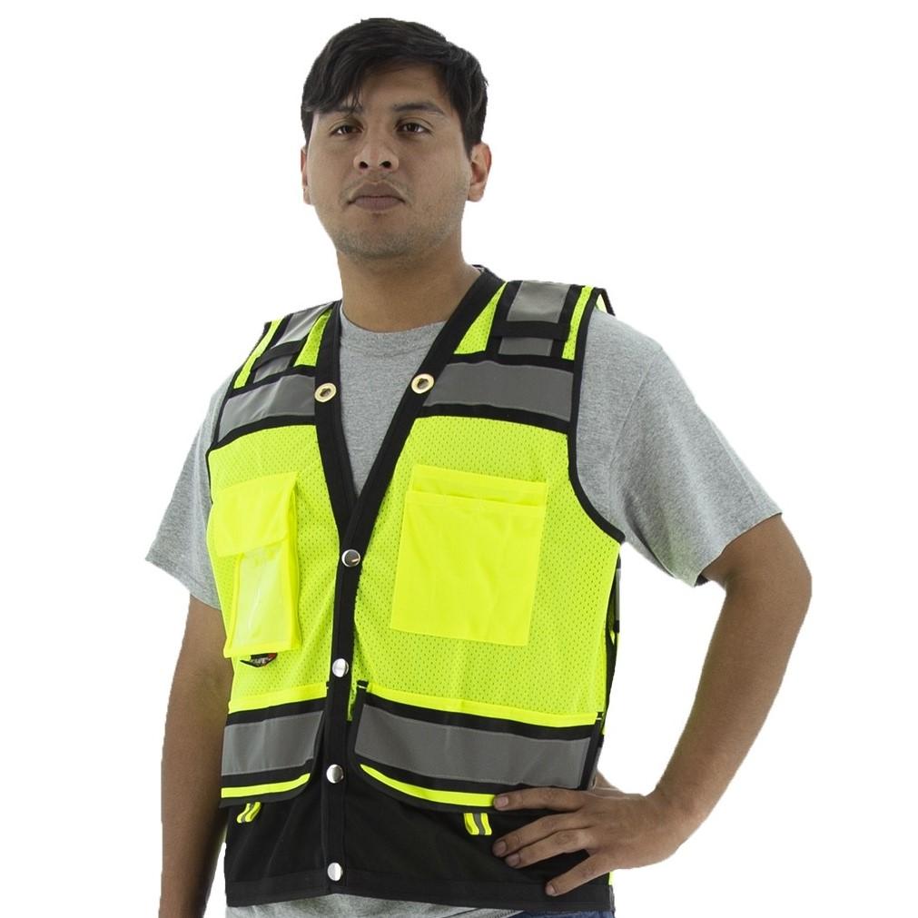 Hi Vis Heavy Duty Surveyor's Mesh Vest (PK 5 Vests) - ANSI 2, Type R, Snaps Close