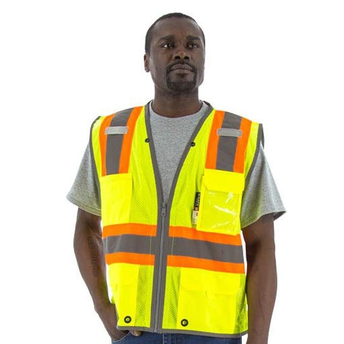 High Visibility Mesh Safety Vest - 2-Tone DOT Striping, D-Ring Pass, Zipper Close