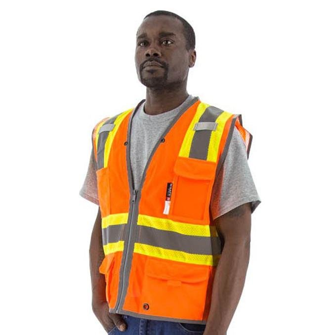 High Visibility Mesh Safety Vest 2-Tone DOT Striping, D-Ring Pass, Zipper Close