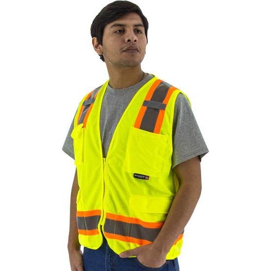 High Visibility Surveyors Safety Vest - DOT Striping, Mesh Back, Zipper Close