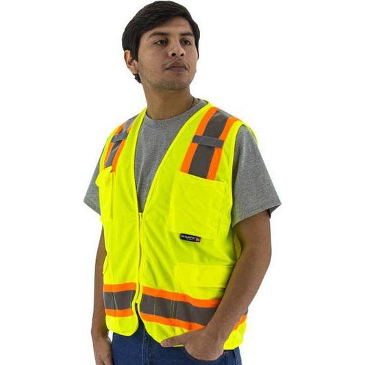 High Visibility Surveyors Safety Vest - DOT Striping, Mesh Back, Zipper Close