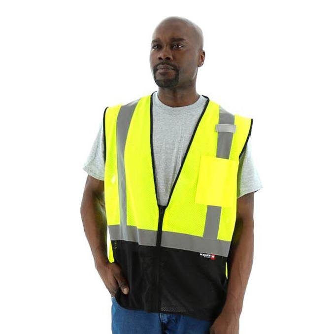 High Visibility Yellow Mesh Safety Vest with Black Bottom - Zipper Close